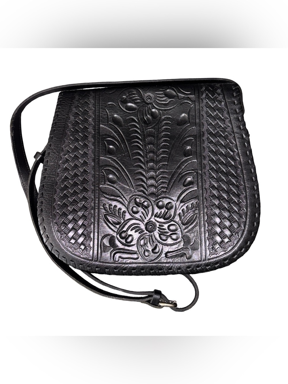 Patricia Nash Black Tooled Leather Crossbody Bag Floral Embossed Saddle Bag
